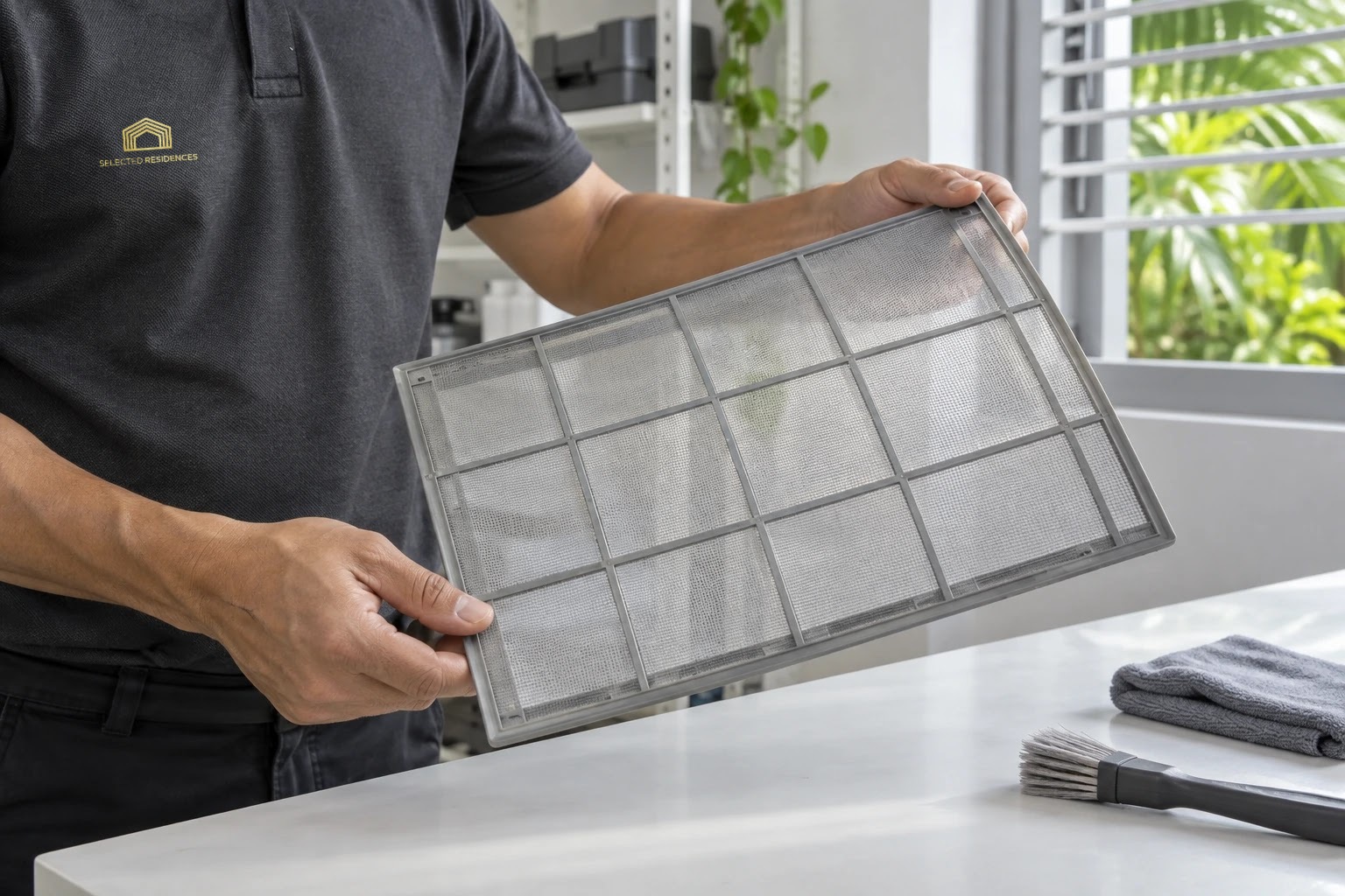 Selected Residences technician inspecting an air conditioning filter in a managed villa