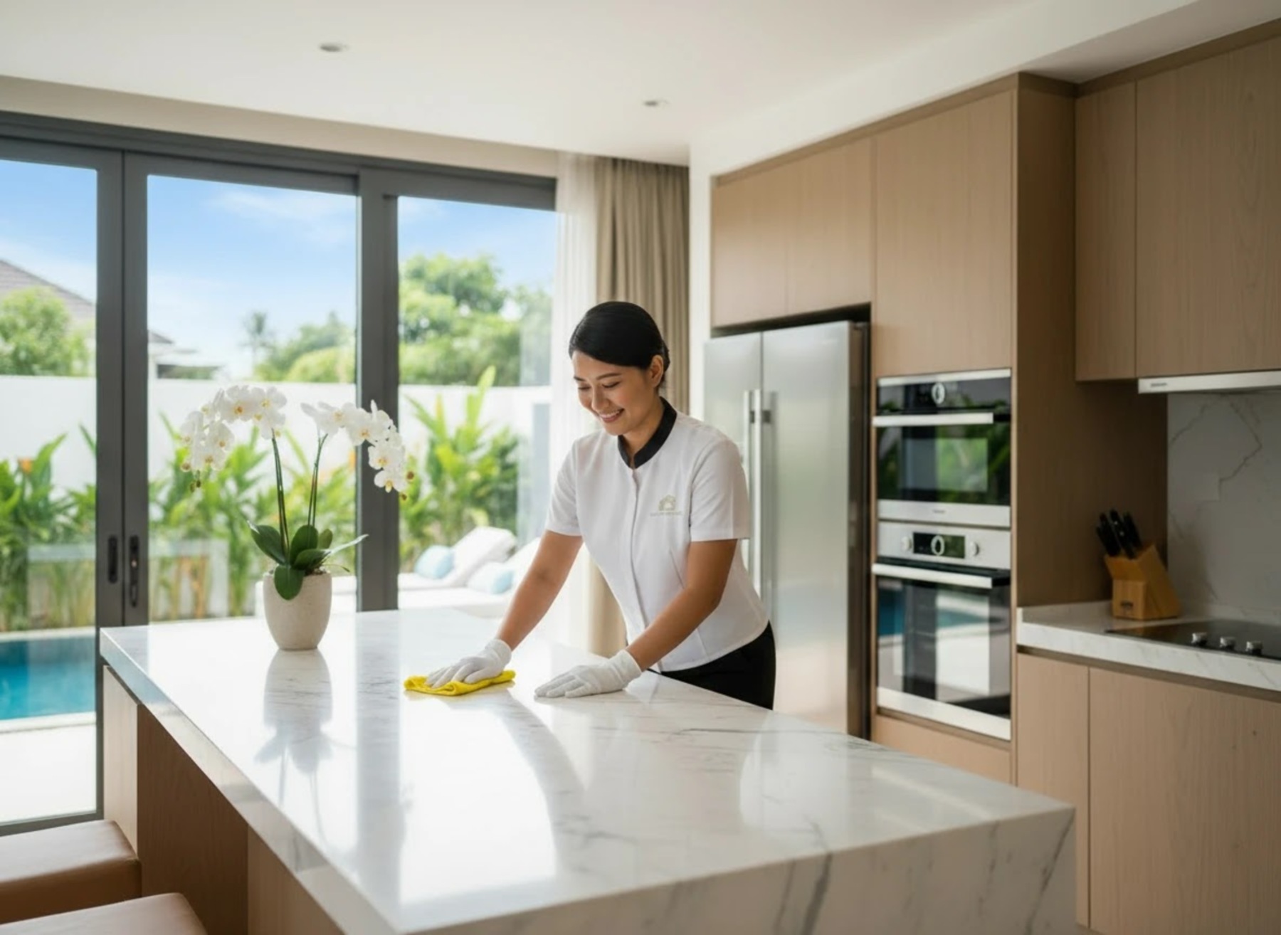 Housekeeping detail work in a Selected Residences managed villa kitchen