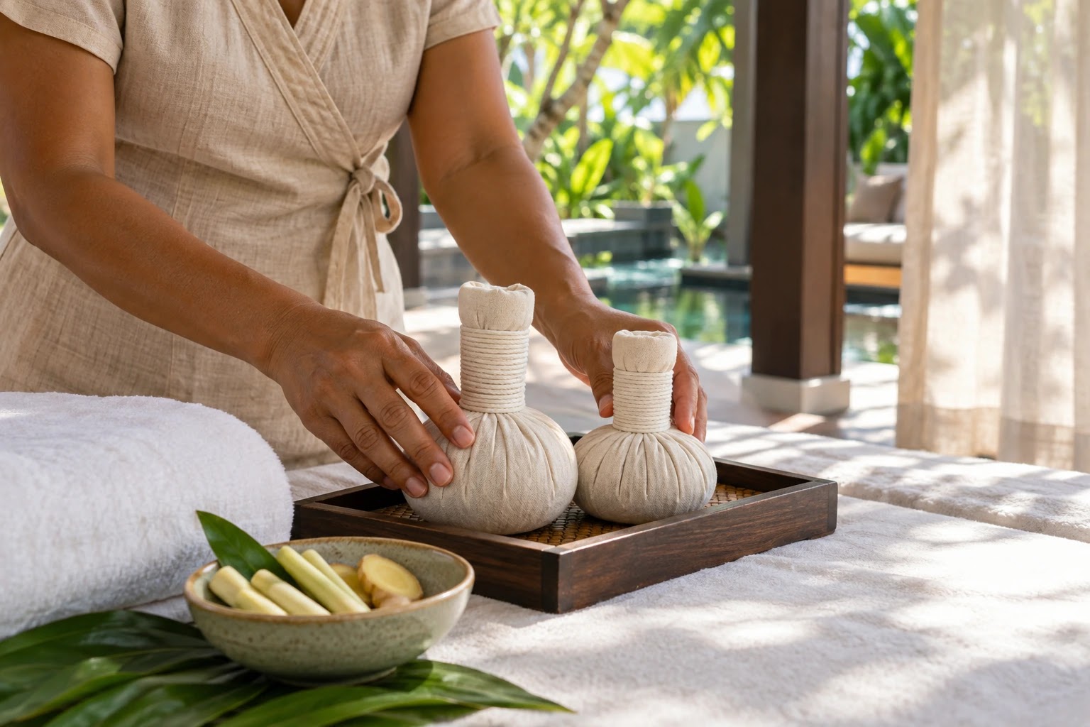 Herbal compress preparation for a treatment at a Selected Residences managed villa