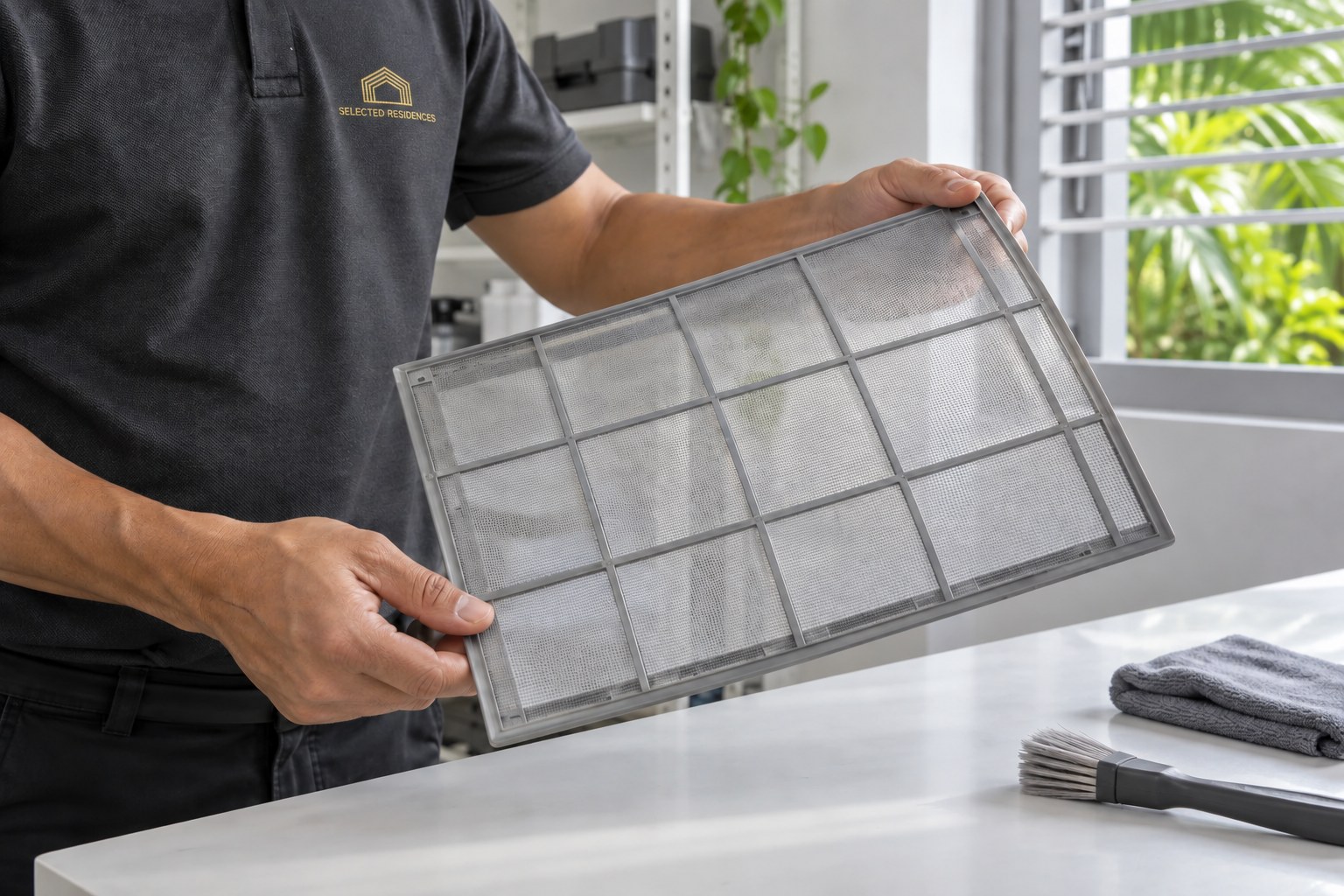 Selected Residences team member checking a cleaned air conditioning filter during scheduled villa maintenance in Phuket